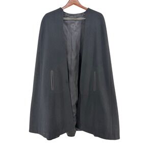 Vintage Black Wool Blend Cape Coat Open Front Arm Slits Mid Length‎ Outerwear